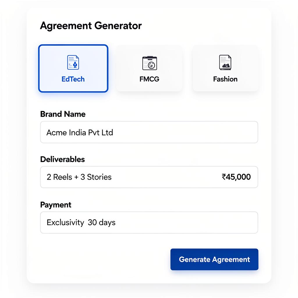 Agreement Generator interface showing template selection and brand deal form