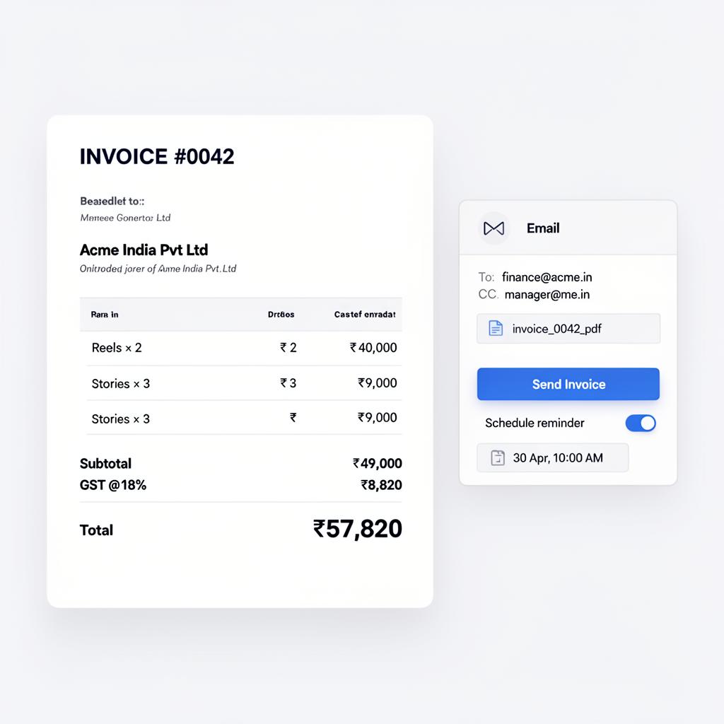 Invoice Generator showing GST invoice with email composer and reminder scheduler