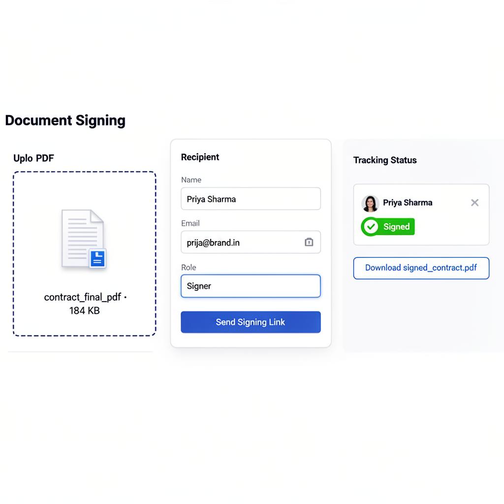 Document Signing interface showing PDF upload, recipient form, and tracking status